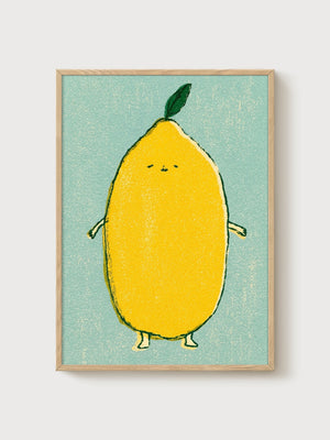 Cute Lemon Fruit Print poster in oak frame