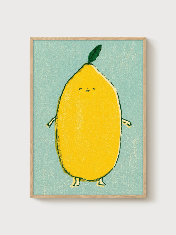 Cute Lemon Fruit Print poster in oak frame