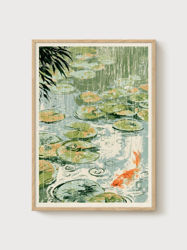 Koi Fish Wall Art poster in oak frame