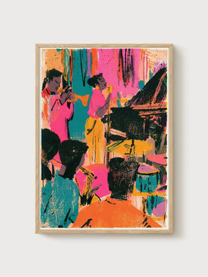 Jazz Club Pop Art Print poster in oak frame