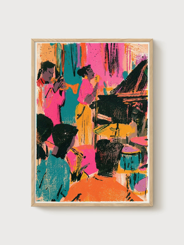 Jazz Club Pop Art Print poster in oak frame