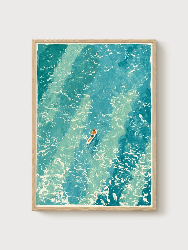 Surfer at Sea Ocean Wall Art poster in oak frame