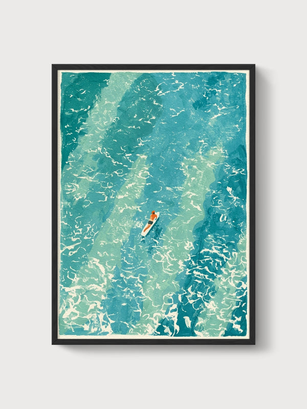 Surfer at Sea Ocean Wall Art poster in black frame