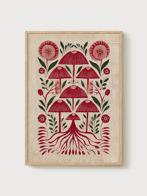 Red Mushroom Folk Art Print poster in oak frame