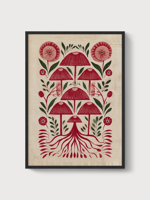 Red Mushroom Folk Art Print poster in black frame