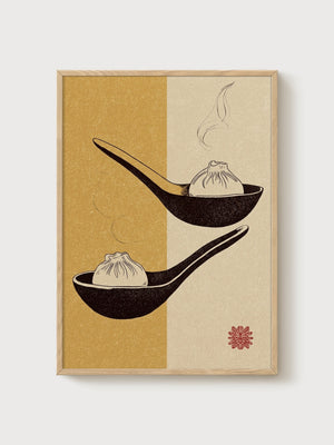 Dumpling Line Art Print poster in oak frame
