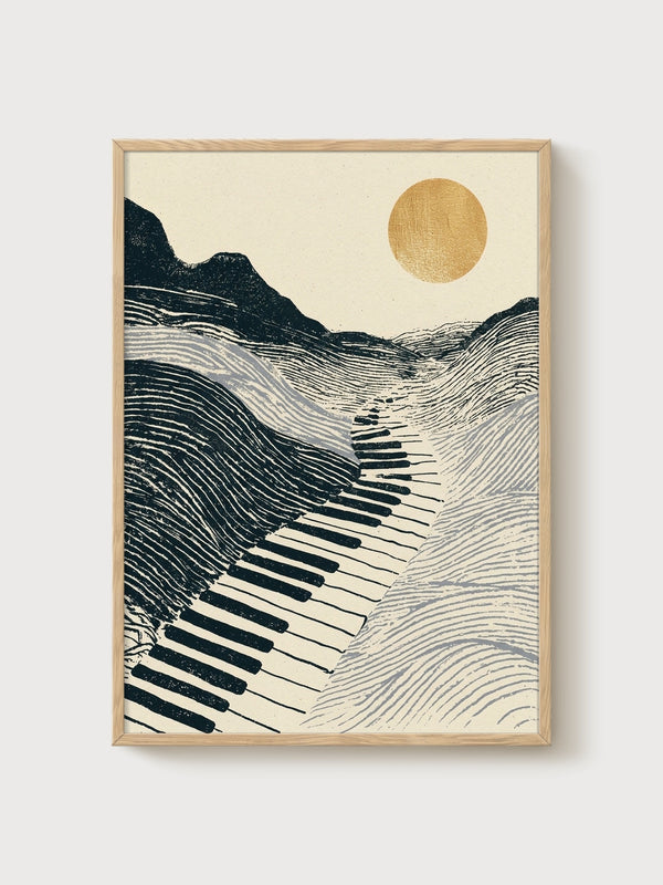 Mountain Wall Art Piano Keys Landscape poster in oak frame