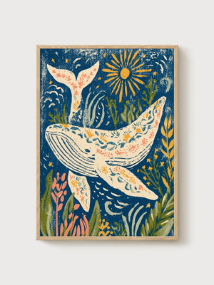 Whimsical Whale Ocean Wall Art poster in oak frame