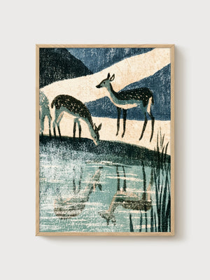 Deer Painting Print poster in oak frame
