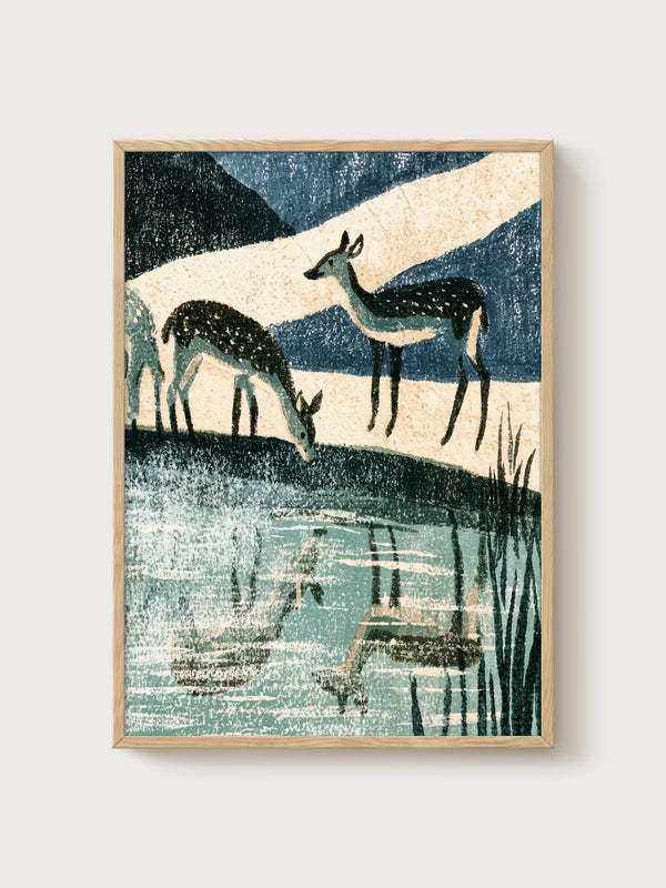 Deer Painting Print poster in oak frame