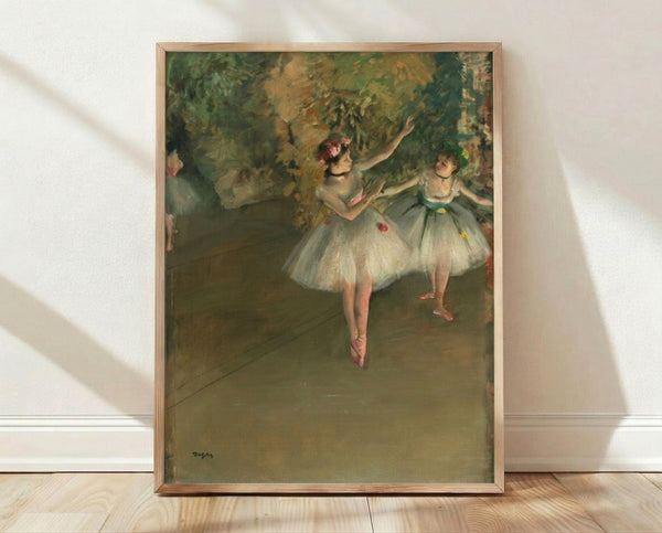 Vintage Degas-inspired poster of two graceful ballerinas on stage in soft pastels and muted earth tones, capturing the elegance of classical dance.