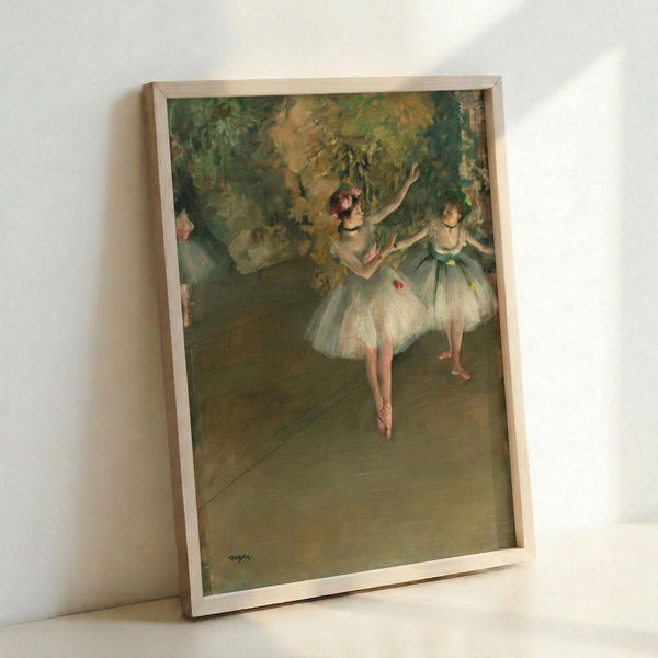 Classical ballet artwork featuring two dancers mid-performance against a neutral background, painted in subdued colors with impressionist brushwork.