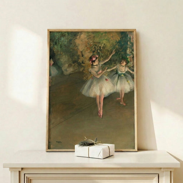 Elegant dance poster depicting two ballerinas in repose, executed in muted palette of creams and dusty rose tones with soft, romantic mood.