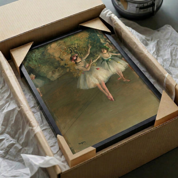 Classic dance-themed wall art featuring two ballerinas captured in vintage impressionist style, with muted earth tones and ethereal, poetic atmosphere.
