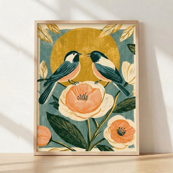 Framed watercolor poster featuring two chickadees perched among golden poppies and blooming flowers in warm coral, teal, and cream tones, evoking a peaceful Japandi garden aesthetic.