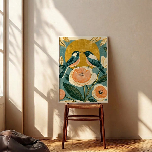 Zen-inspired framed artwork showcasing chickadees surrounded by delicate flowers and sun motifs in a harmonious blend of golden yellow, coral, and teal against a cream background.
