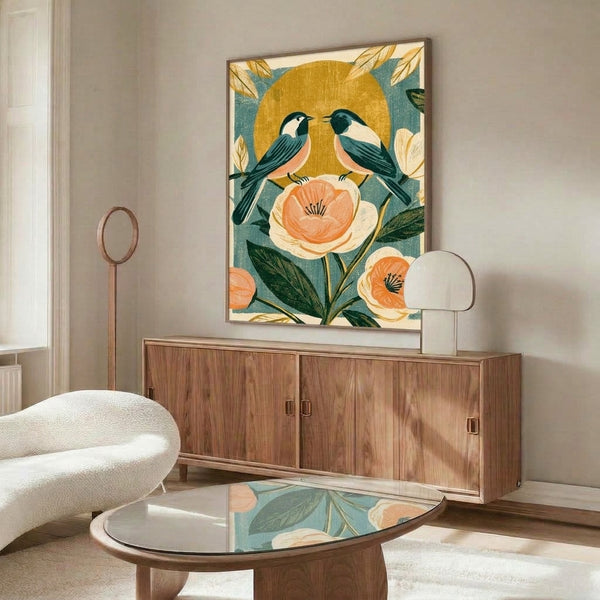 Retro botanical wall print depicting peaceful birds among vibrant poppies and foliage with a warm golden sun, combining boho charm with Japandi simplicity in earthy and jewel-tone colors.