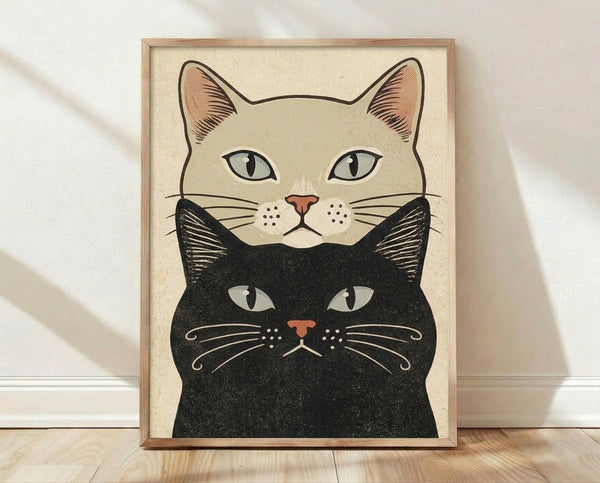 Minimalist line art portrait of a black cat and tan cat in retro style, rendered in cream, rust orange, and pale blue tones on a framed poster.