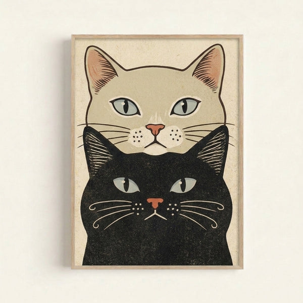Two cats illustrated in whimsical line art with a vintage aesthetic, featuring a black feline and rust-orange companion against a soft cream background.