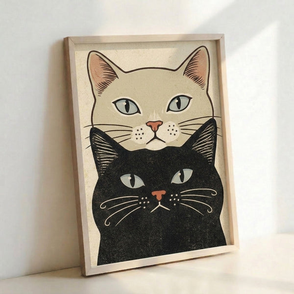 Retro-inspired cat duo portrait in minimalist line work, combining calm earth tones of tan, black, and pale blue in a framed art print.