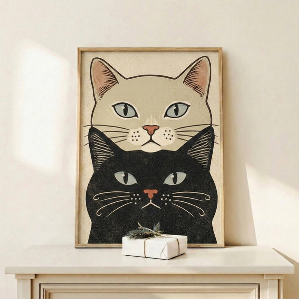 Black and tan cats rendered as a charming line art print with vintage flair, displayed in soft cream, rust, and blue hues.