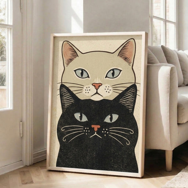 Whimsical feline portrait poster in minimalist style showing two cats in retro palette of cream, orange, black, and pale blue tones.