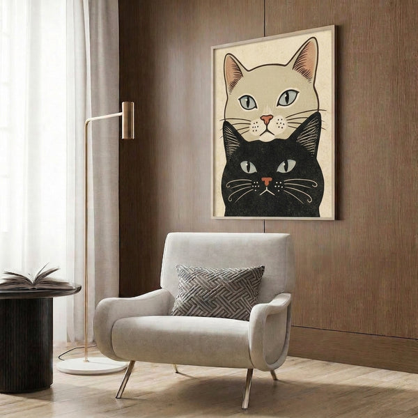 Retro cat portrait framed print featuring a black cat and tan companion in understated line art and muted vintage color palette.