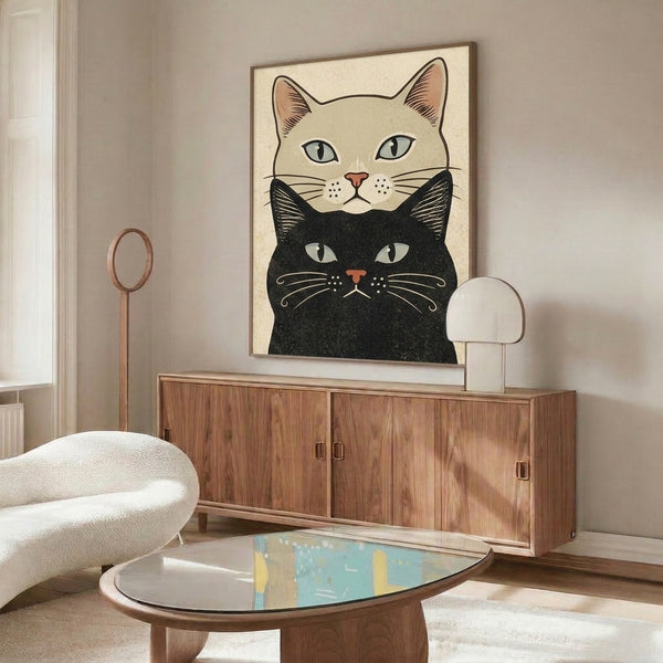 Minimalist two-cat illustration with calm, whimsical charm in retro style using cream, rust orange, tan, and blue for wall decor.