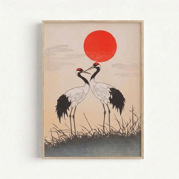 Serene framed art print showing crane birds ascending toward a red sun against soft neutral tones, in the style of traditional Japanese woodblock with contemporary line art simplicity.