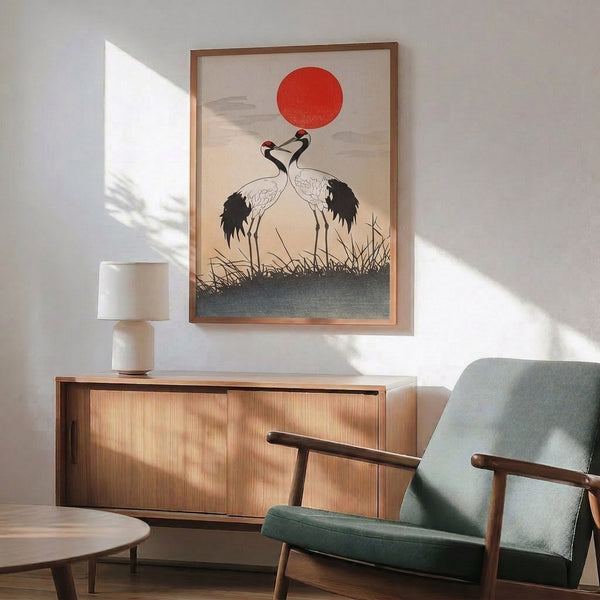 Poetic crane art print inspired by Japanese woodblock techniques, showing birds in graceful motion with an ascending red sun, created with bold linework and a serene cream and gray-blue palette.