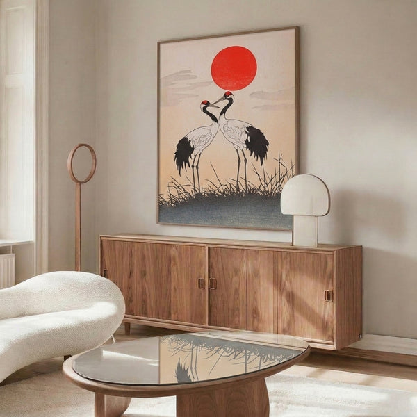 Symbolic wall poster depicting cranes and morning sun in minimalist Japanese style, featuring clean black lines, cream background, and accents of red and soft blue-gray tones.