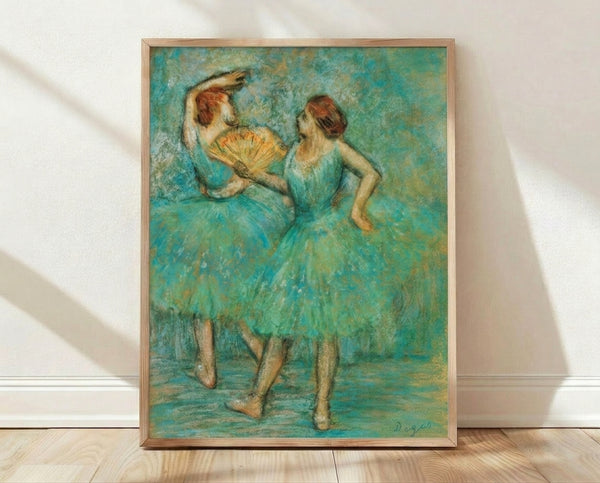Impressionist framed poster of two graceful dancers in soft pastels and muted earth tones, capturing movement and elegance in a vintage artistic style.
