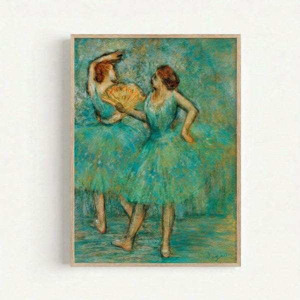 Two figures in ballet attire rendered in delicate Impressionist brushwork, displayed as a framed art print with warm, subdued coloring.