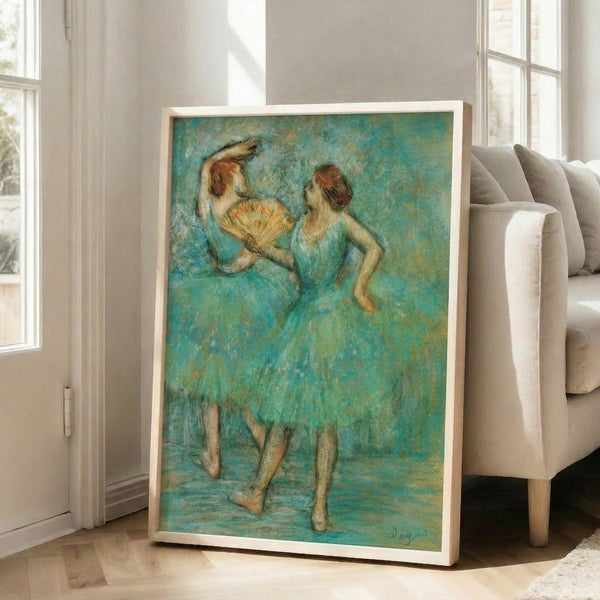 Ballet-inspired framed art print with two dancers in flowing garments, rendered in gentle pastels and ochre tones with Impressionist technique.