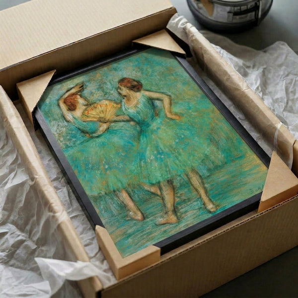 Two dancers in classical ballet setting, rendered as a framed poster in soft pastels with the dreamy, atmospheric quality of Impressionist artwork.