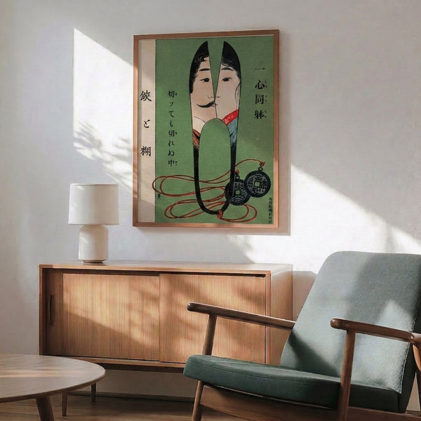 Vintage-style Japanese woodblock framed poster presenting two mirrored woman's faces in meditative pose, enriched with rope and coin motifs, rendered in muted sage green, cream, and black.
