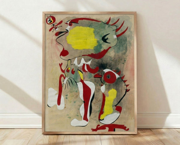 Surrealist framed poster featuring two abstract figures and a dragonfly in muted earth tones and soft blues, characteristic of Miro's whimsical modern art style.
