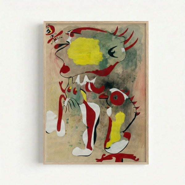 Abstract wall art print with organic biomorphic forms depicting two figures and a delicate dragonfly, rendered in warm neutrals and cool accents.