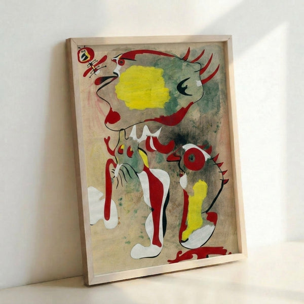 Framed modern art poster showcasing Miro's signature surrealist composition of two figures alongside a dragonfly in a dreamy palette of ochres and slate tones.