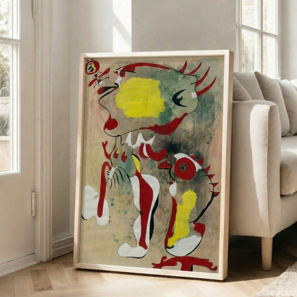 Avant-garde abstract print featuring imaginative figures and a dragonfly in soft, muted colors that evoke a playful yet contemplative mood.