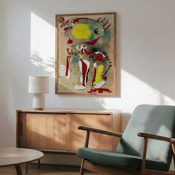 Framed abstract art displaying two stylized figures and a delicate dragonfly in muted earth and sky tones, exemplifying mid-century surrealist design.