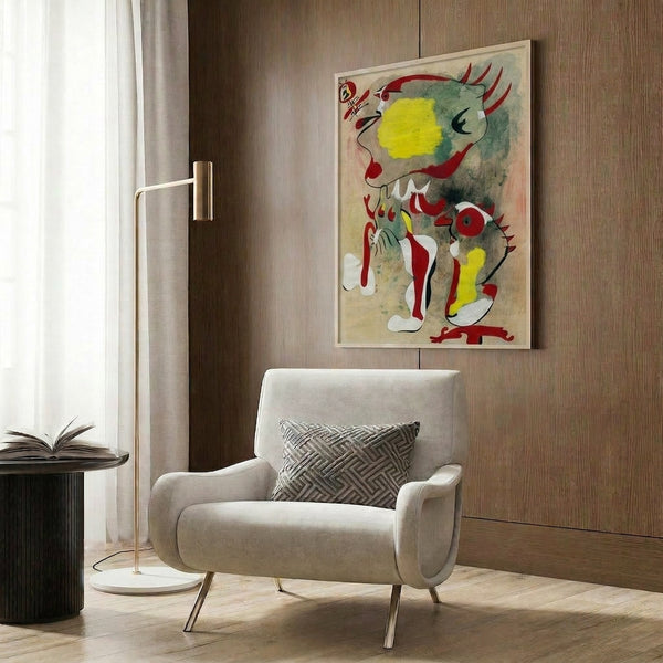 Modern surrealist poster of two figures with a dragonfly in soft, layered tones creating an ethereal and imaginative composition on a gallery wall.