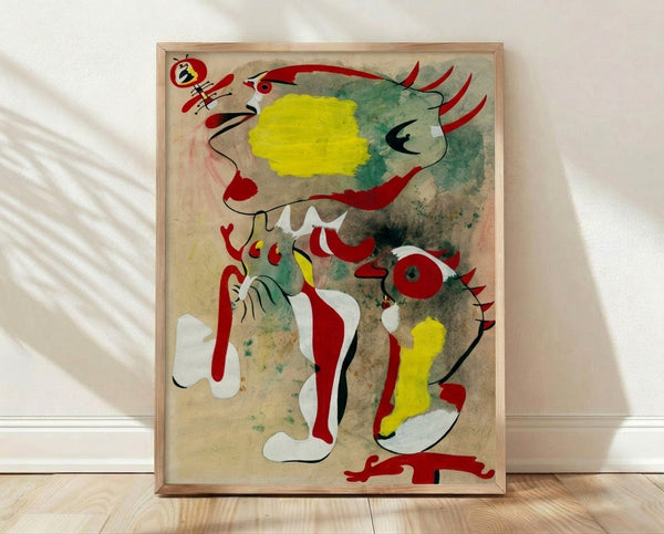 Surreal abstract poster featuring two stylized figures and a dragonfly in black, red, blue, and yellow on white background, evoking a dreamlike and whimsical mood.