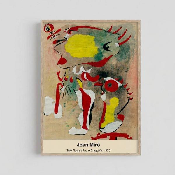 Framed modern art print with abstract figures and dragonfly rendered in bold black lines and vibrant primary colors, creating an introspective surrealist composition.