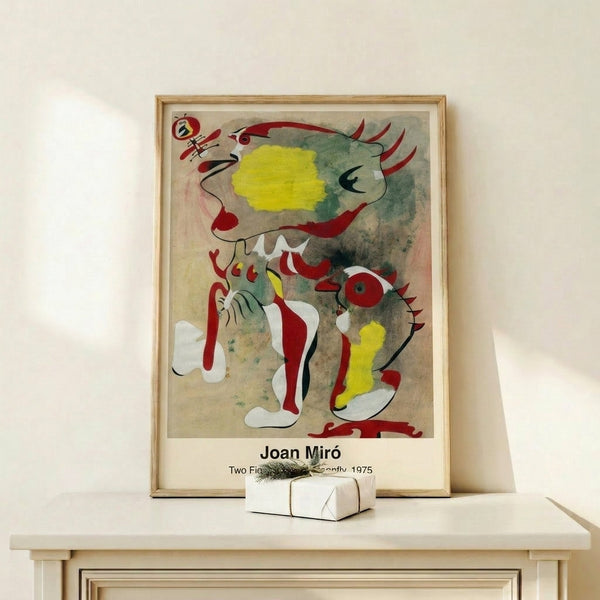 Dreamlike poster art with whimsical abstract figures and a dragonfly rendered in bold primary colors and black outlines, embodying surrealist aesthetics.