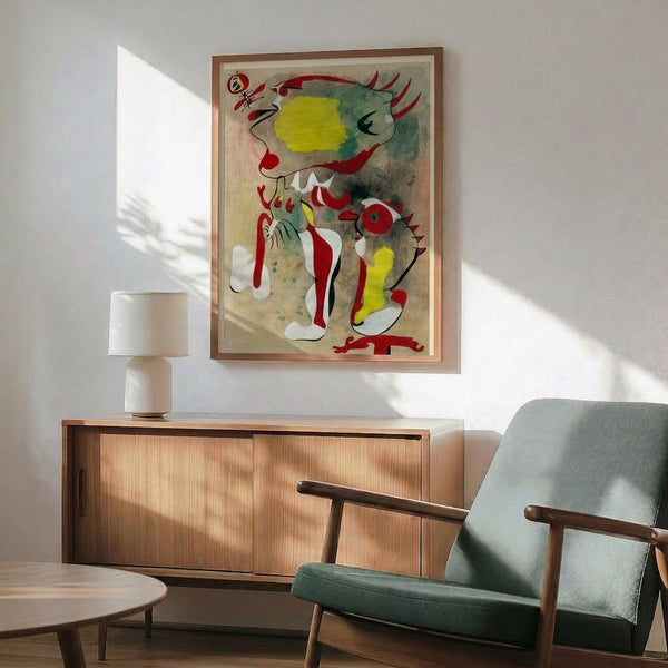 Surrealist wall art showcasing abstract figures and a dragonfly in black, red, blue, and yellow pigments, evoking an introspective and imaginative atmosphere.