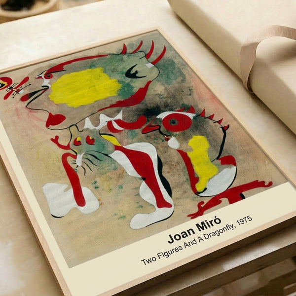 Abstract modern poster with surreal depiction of two figures and a dragonfly using bold primary color palette and expressive black linework in minimalist composition.