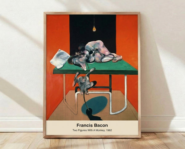 Abstract surreal painting featuring two distorted human figures and a monkey rendered in red, cream, brown, and black; framed poster with psychologically intense and unsettling mood.