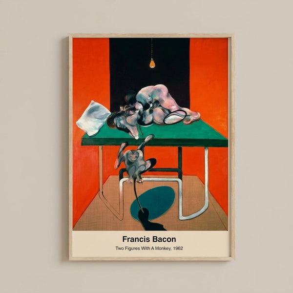 Framed art print of two contorted figures with a monkey in an abstract surreal composition dominated by earthy reds and browns with stark black accents creating an eerie atmosphere.