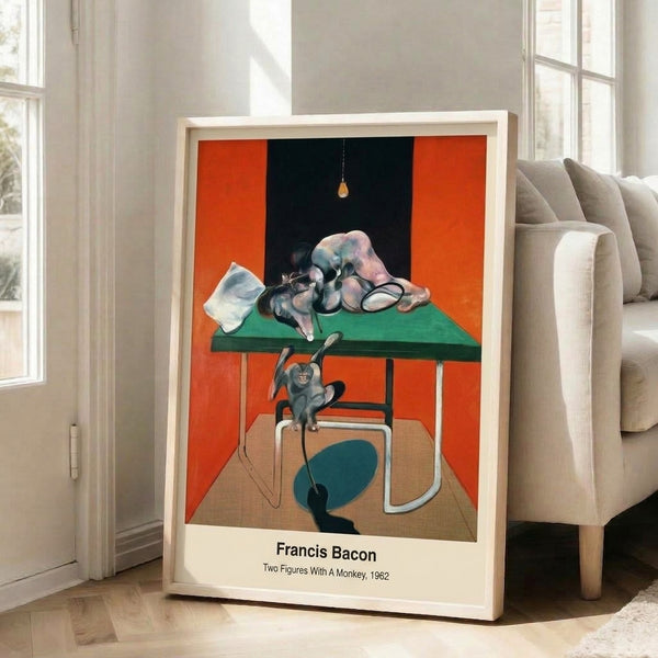 Surreal abstract artwork depicting warped human forms alongside a monkey in a palette of red, cream, brown, and black; unsettling framed poster for contemporary interiors.